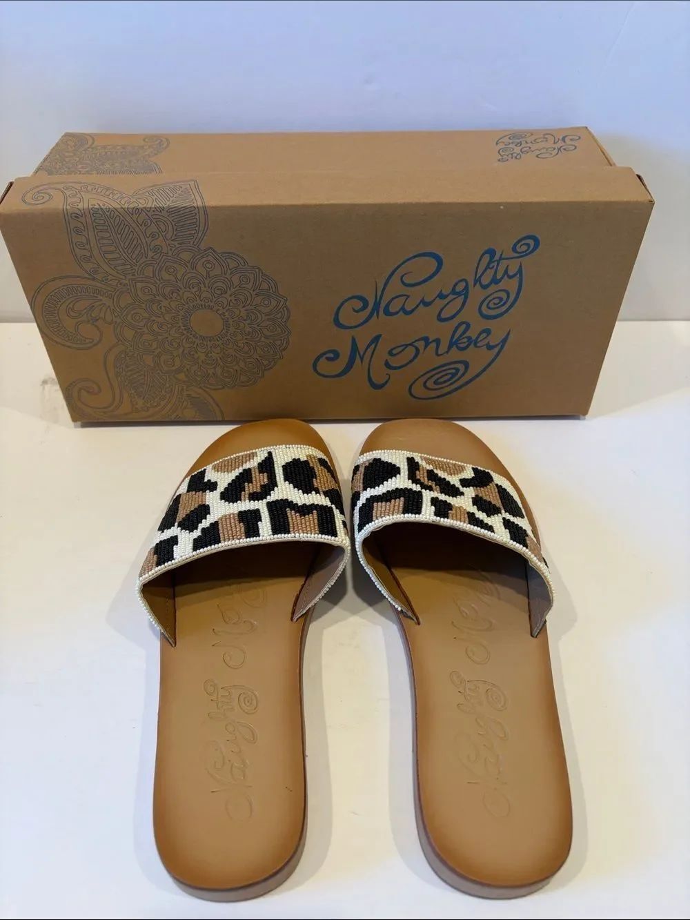 naughty monkey Leopard Beaded Slide Sandals in Brown and Black